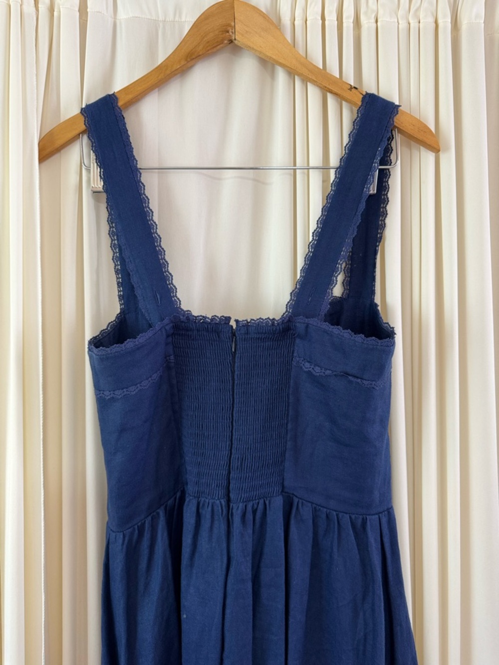 Reformation Rowen Sleeveless Smock Tiered Linen Midi Summer Dress Navy Blue Sz 8 - Picture 7 of 8